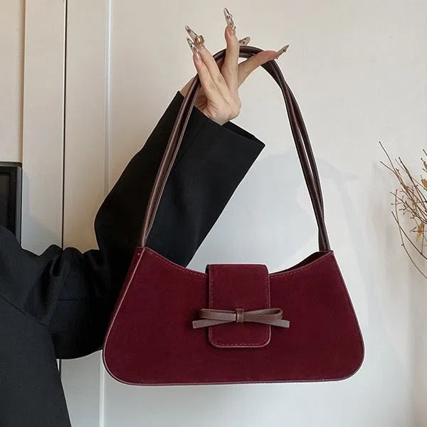Women's retro PU leather horizontal rectangular shoulder bag with bow tie detail, available in Brown, Coffee, Anco Red, Black, 28x6.5x14cm