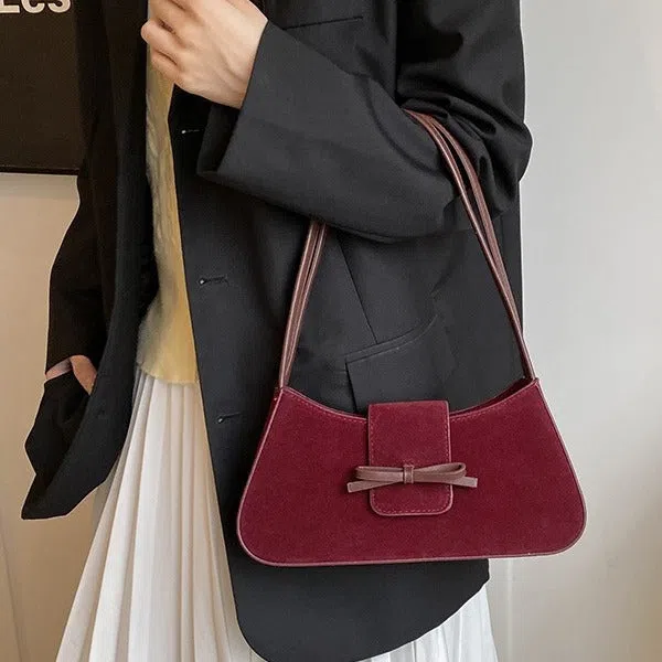 Women's retro PU leather horizontal rectangular shoulder bag with bow tie detail, available in Brown, Coffee, Anco Red, Black, 28x6.5x14cm