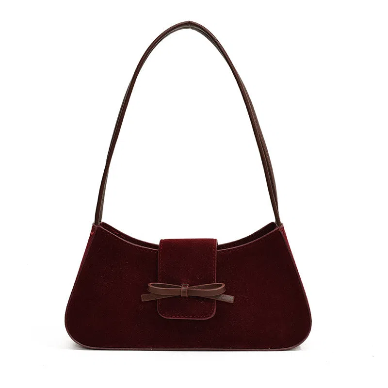 Women's retro PU leather horizontal rectangular shoulder bag with bow tie detail, available in Brown, Coffee, Anco Red, Black, 28x6.5x14cm