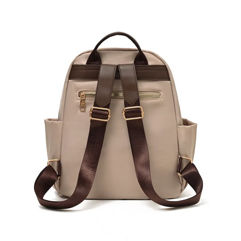Women's lightweight nylon travel backpack in milk tea colour with large-capacity main compartment
