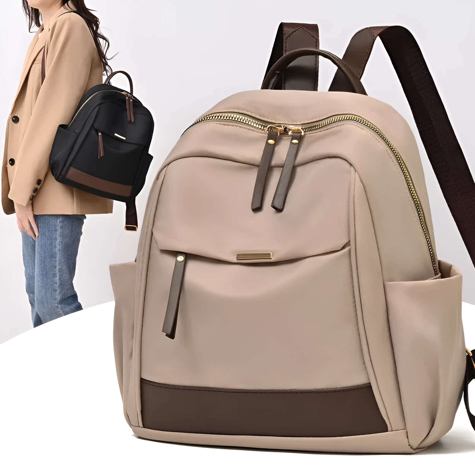 Women's lightweight nylon travel backpack in milk tea colour with large-capacity main compartment