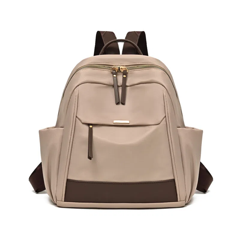 Women's lightweight nylon travel backpack in milk tea colour with large-capacity main compartment