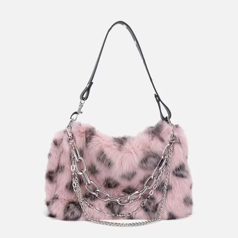 Plush luxury-style chain bag in apricot with leopard print and gold-tone chain, horizontal rectangular shape, soft texture.