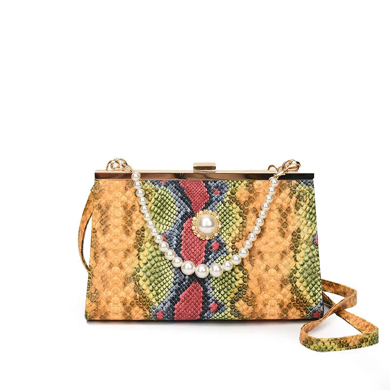 New vintage snake-pattern pearl-chain evening bag hard PU cross-body with 3D pocket and phone pocket in khaki