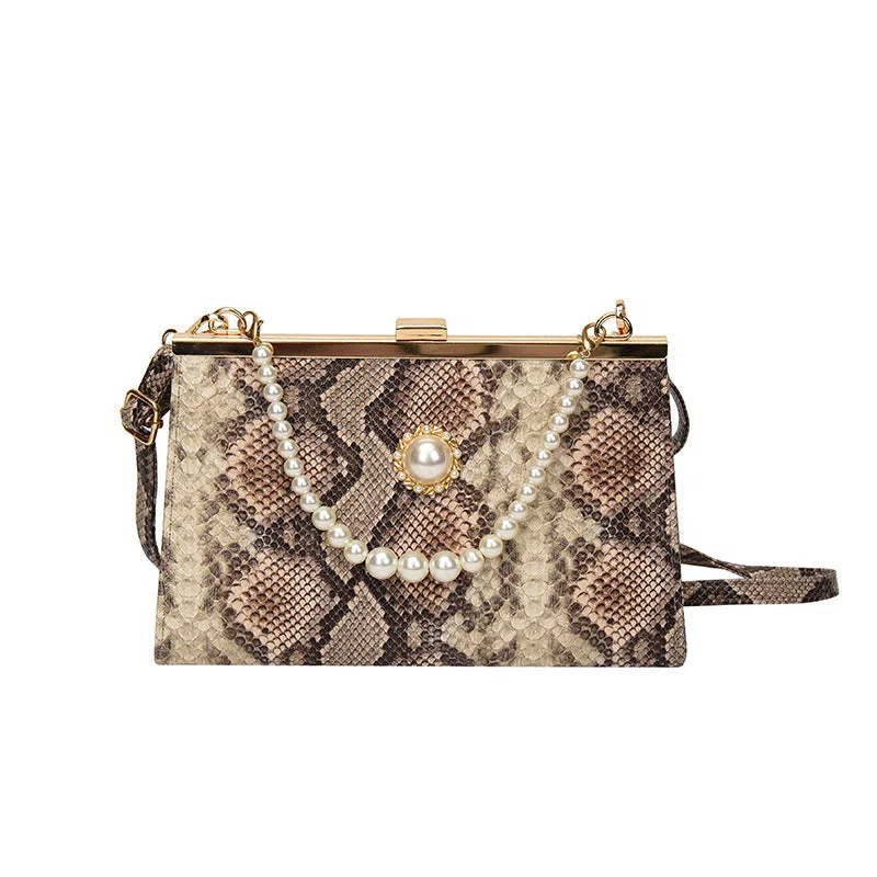 New vintage snake-pattern pearl-chain evening bag hard PU cross-body with 3D pocket and phone pocket in khaki
