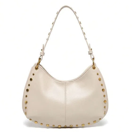 Woman's PU leather dumpling-shaped underarm bag with rivet studs and double straps, in black