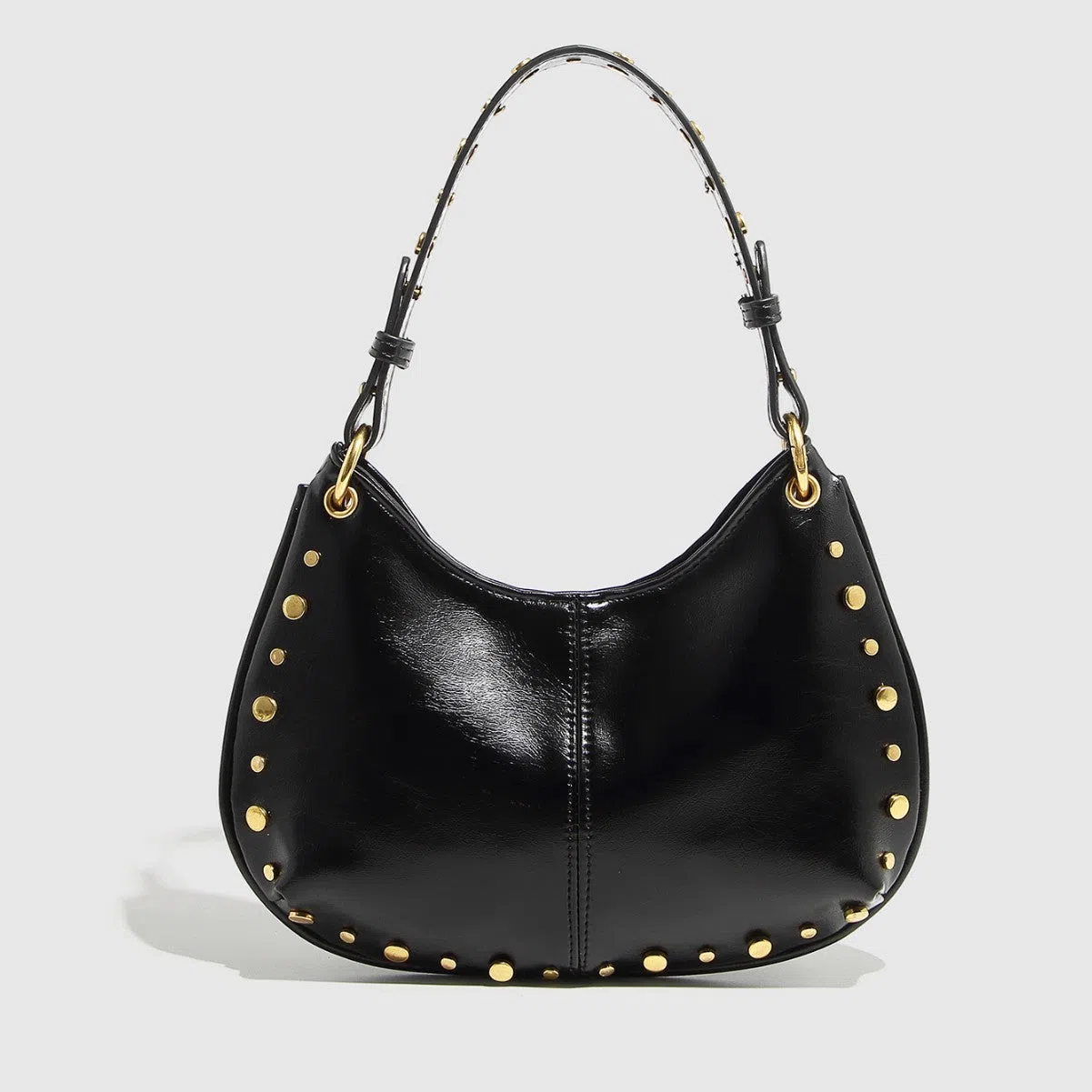 Woman's PU leather dumpling-shaped underarm bag with rivet studs and double straps, in black