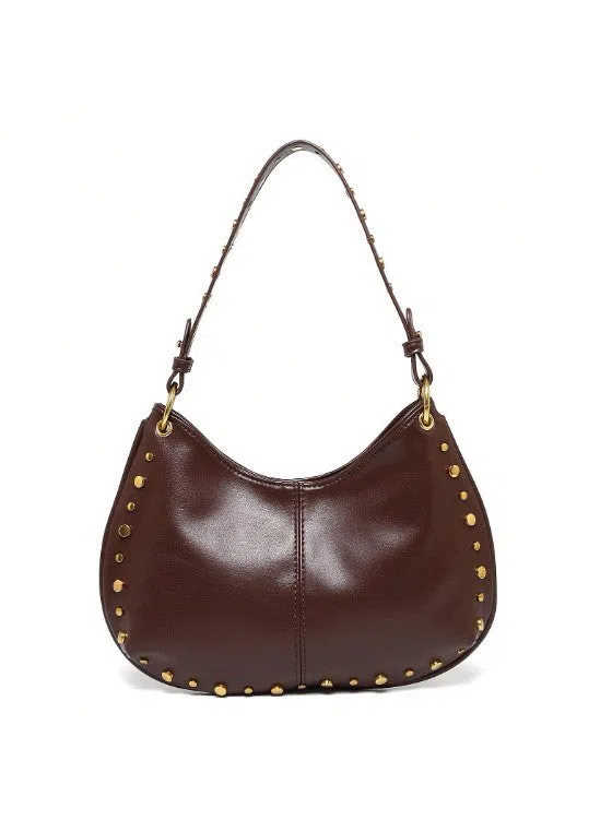Woman's PU leather dumpling-shaped underarm bag with rivet studs and double straps, in black