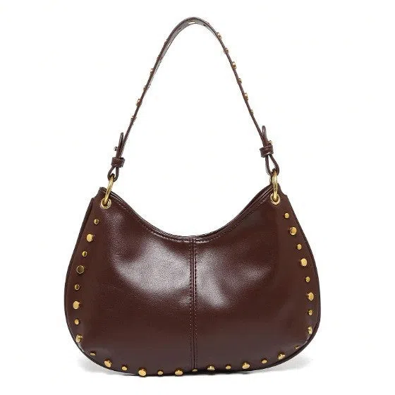 Woman's PU leather dumpling-shaped underarm bag with rivet studs and double straps, in black
