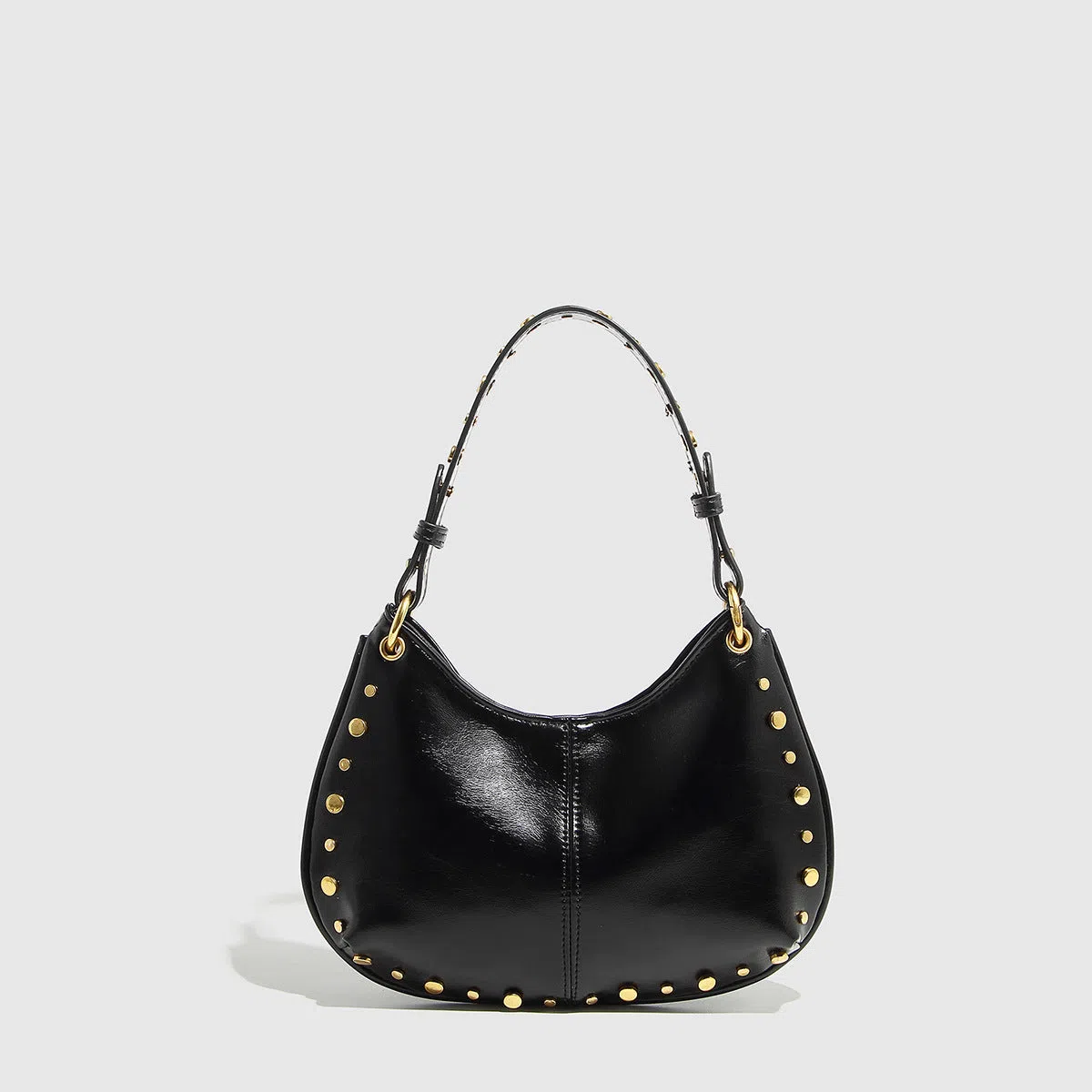 Woman's PU leather dumpling-shaped underarm bag with rivet studs and double straps, in black