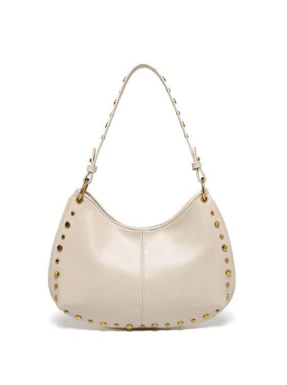 Woman's PU leather dumpling-shaped underarm bag with rivet studs and double straps, in black