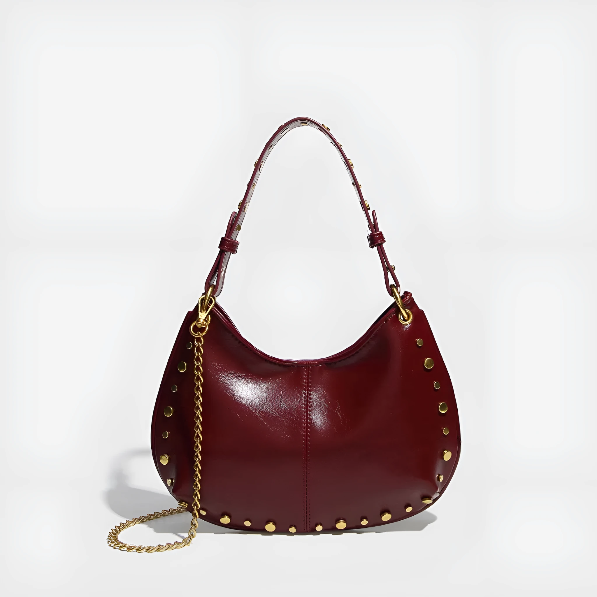 Woman's PU leather dumpling-shaped underarm bag with rivet studs and double straps, in black