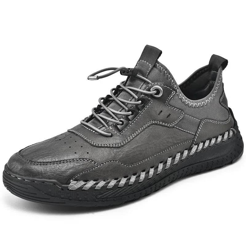 Men's hand-stitched round toe sneakers in black synthetic PU, low heel 1-3 cm, lace-up closure, side view