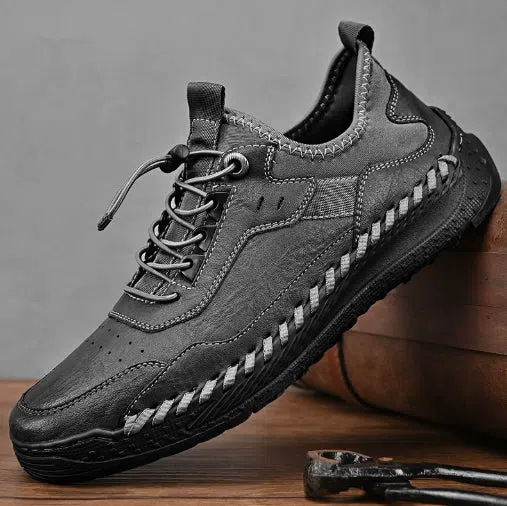 Men's hand-stitched round toe sneakers in black synthetic PU, low heel 1-3 cm, lace-up closure, side view