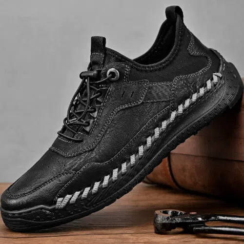 Men's hand-stitched round toe sneakers in black synthetic PU, low heel 1-3 cm, lace-up closure, side view