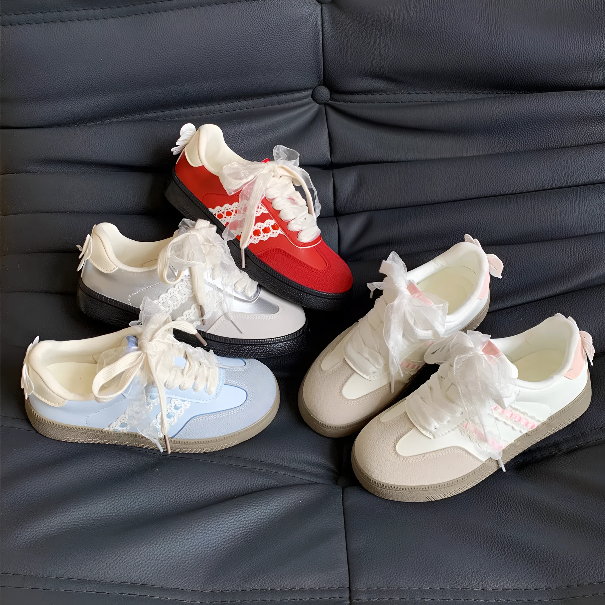 Flat casual shoes with lace bow, colour-block pattern, mid-cut vulcanised sole, synthetic PU upper, available in Light Blue