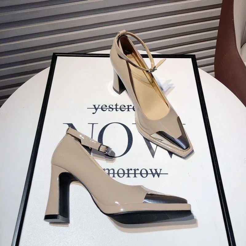 Women's chunky-heel peep-toe heels in apricot with single strap buckle, PU upper, and rubber outsole
