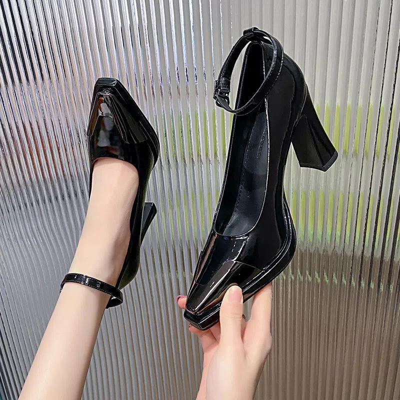 Women's chunky-heel peep-toe heels in apricot with single strap buckle, PU upper, and rubber outsole