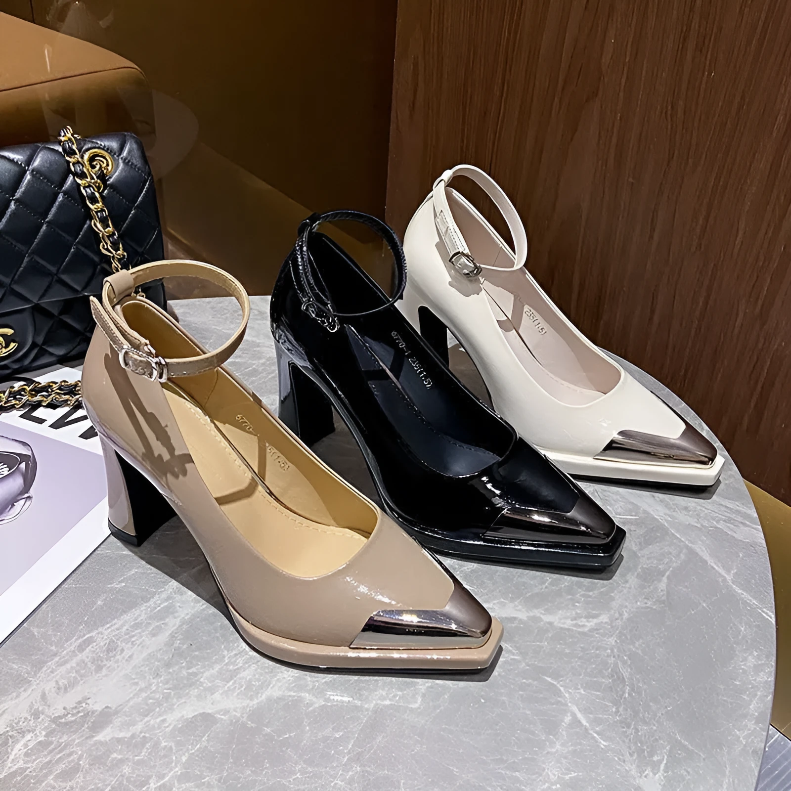 Women's chunky-heel peep-toe heels in apricot with single strap buckle, PU upper, and rubber outsole