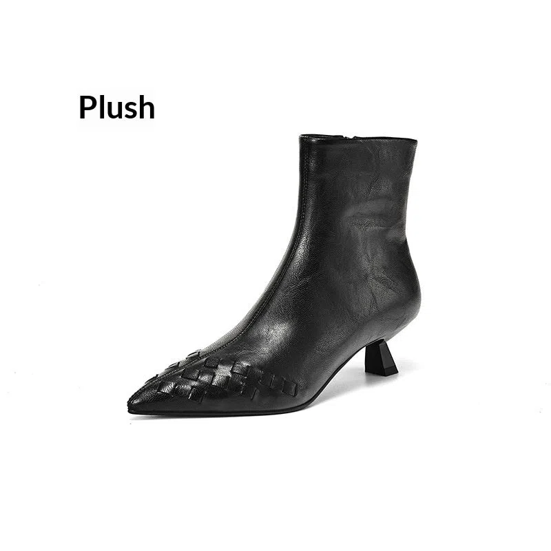 Women's knit ankle mid-heel boots with genuine cowhide leather, plush lining, and waterproof platform