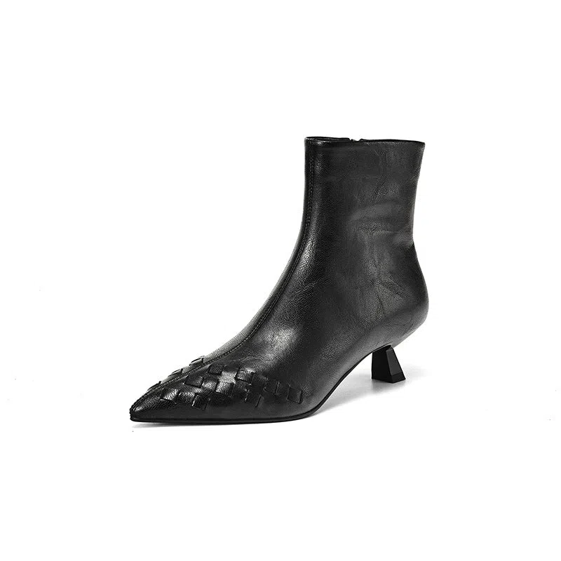 Women's knit ankle mid-heel boots with genuine cowhide leather, plush lining, and waterproof platform