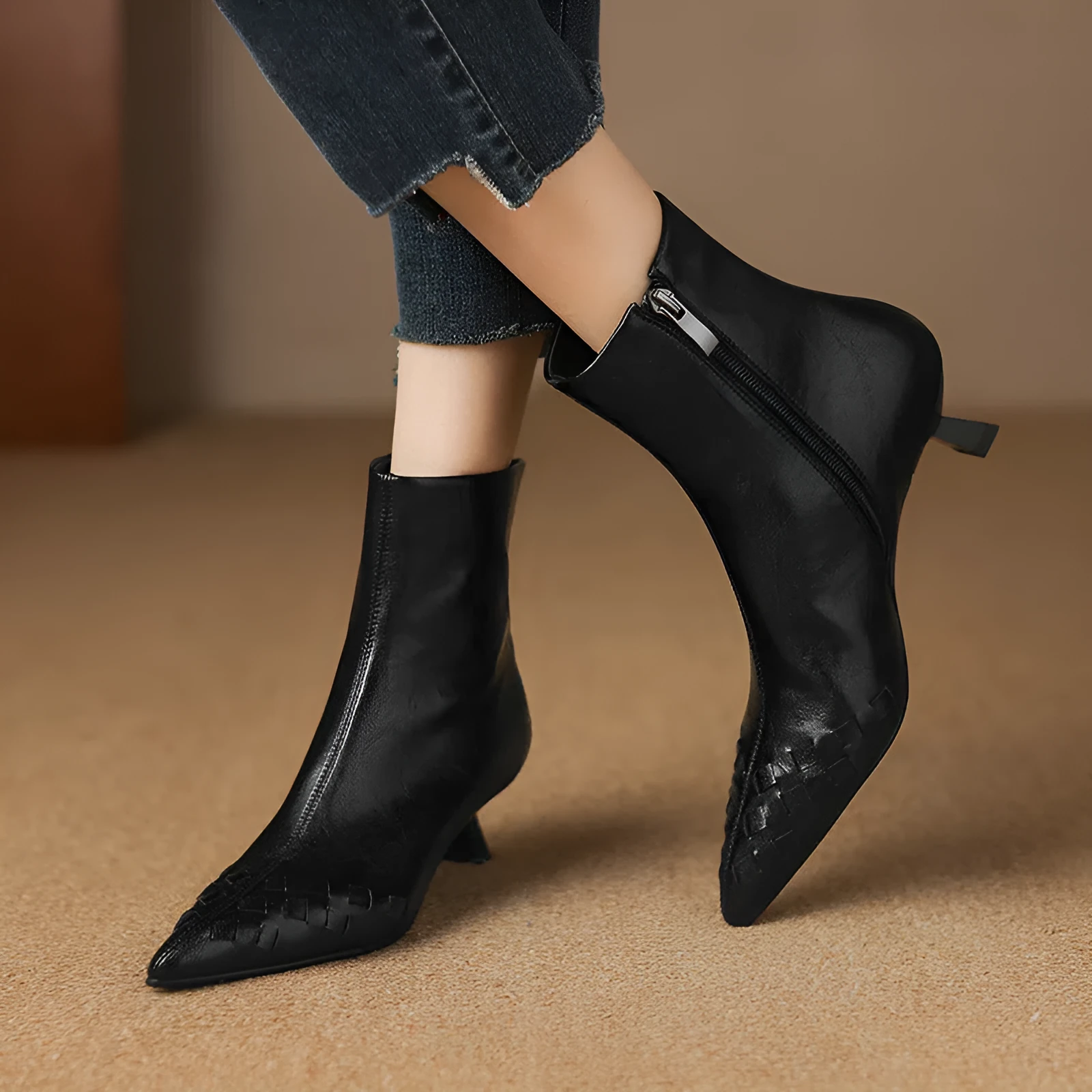 Women's knit ankle mid-heel boots with genuine cowhide leather, plush lining, and waterproof platform