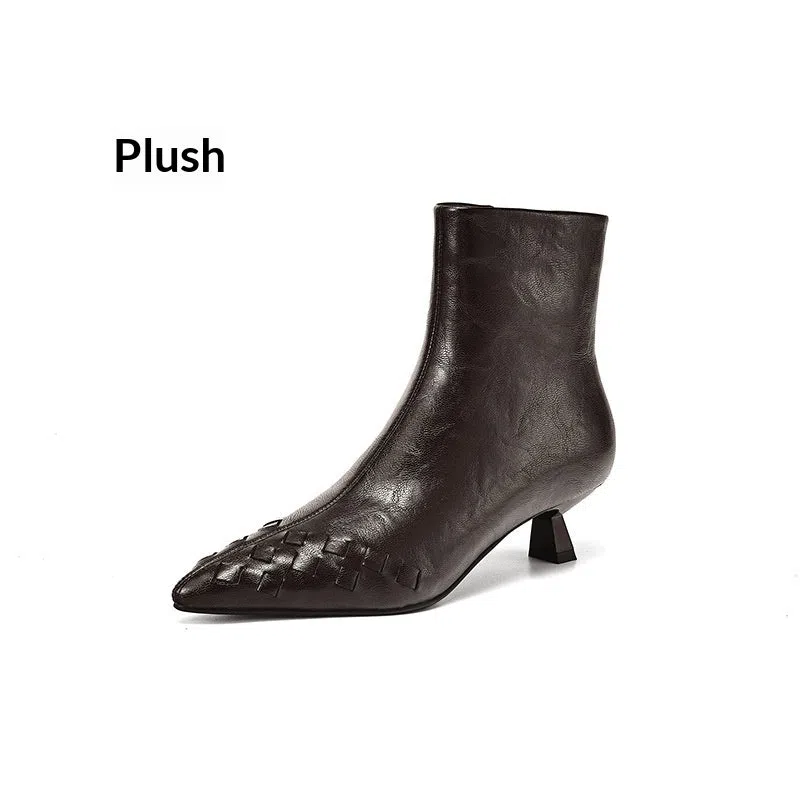 Women's knit ankle mid-heel boots with genuine cowhide leather, plush lining, and waterproof platform
