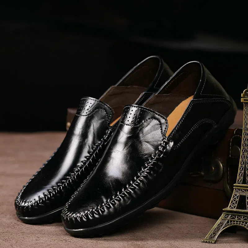 Men's casual leather shoes, genuine leather upper, round toe, slip-on style, black colour