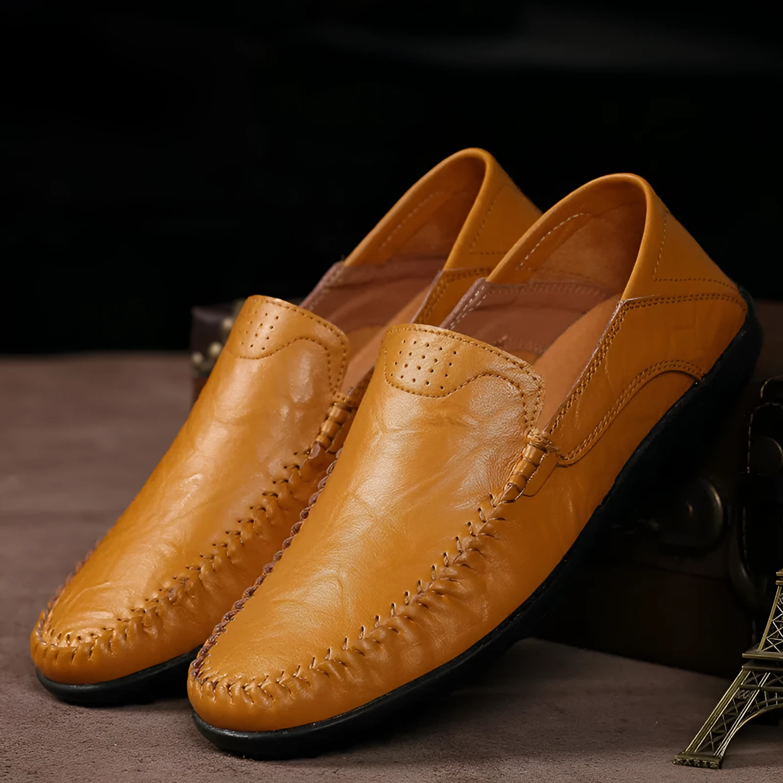 Men's casual leather shoes, genuine leather upper, round toe, slip-on style, black colour