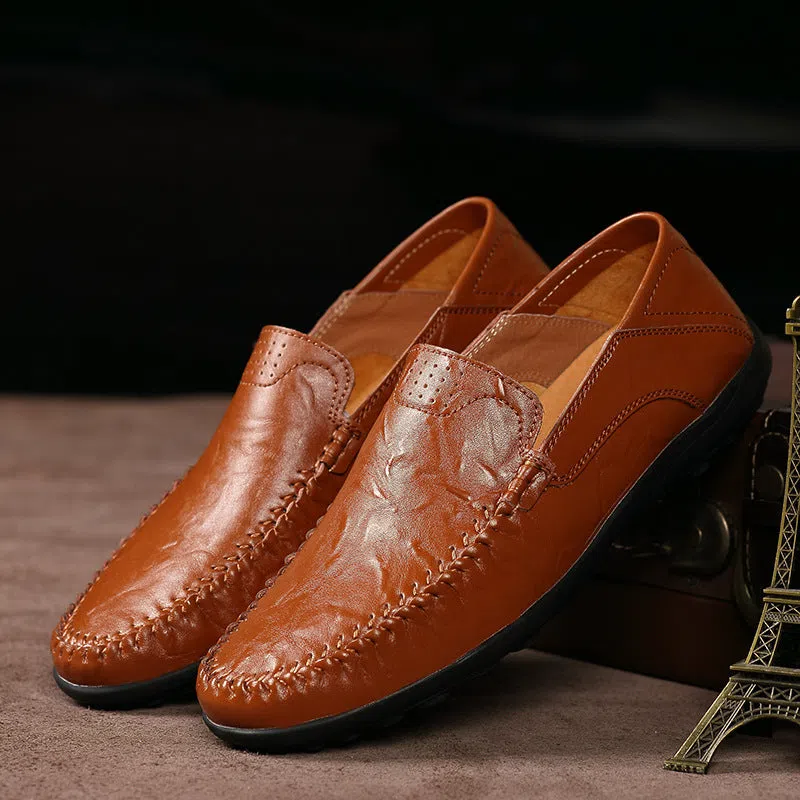 Men's casual leather shoes, genuine leather upper, round toe, slip-on style, black colour