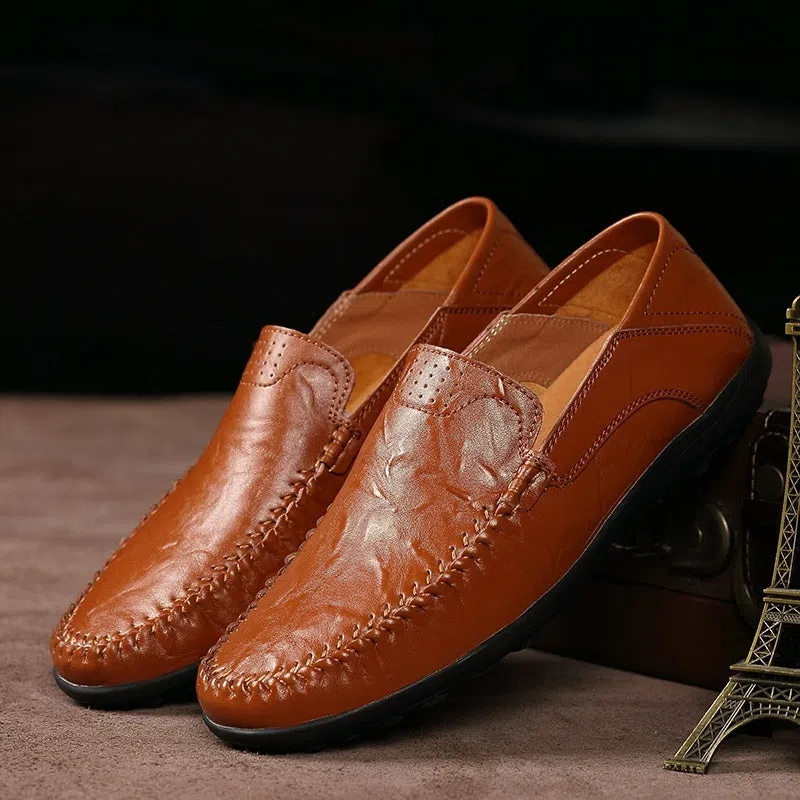 Men's casual leather shoes, genuine leather upper, round toe, slip-on style, black colour