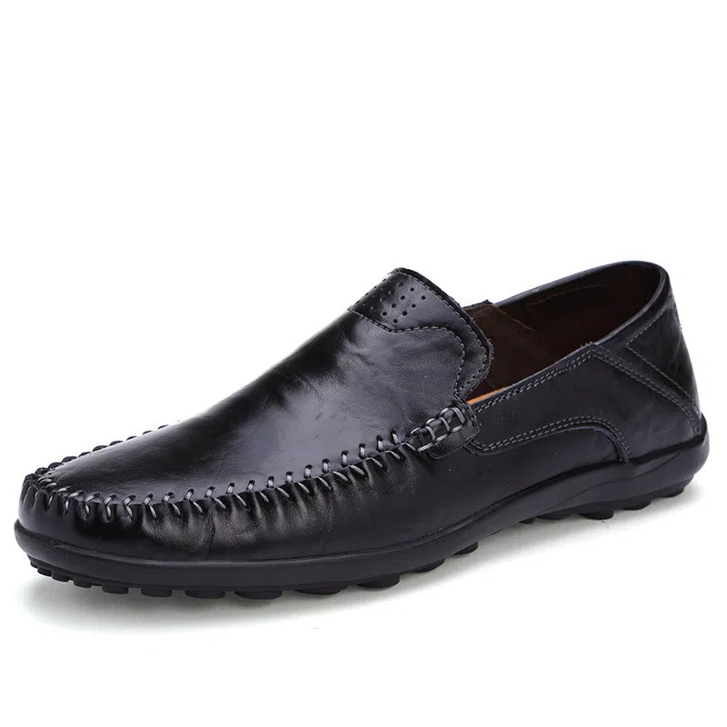 Men's casual leather shoes, genuine leather upper, round toe, slip-on style, black colour