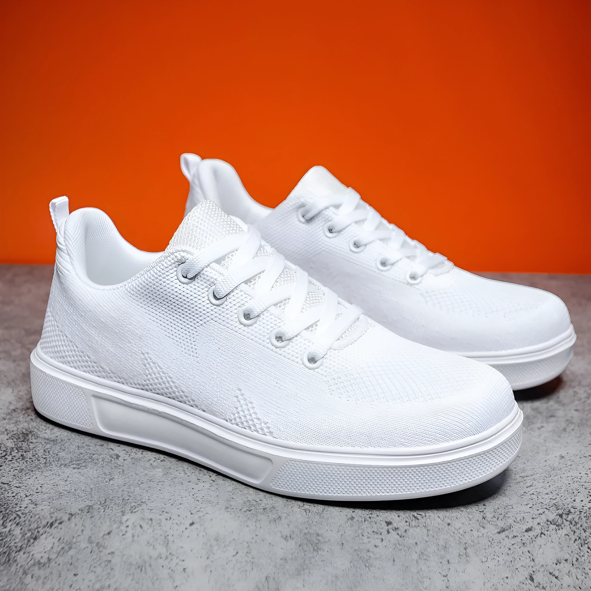 White casual sports shoes with thick EVA sole and mesh upper, flat heel, round toe, front lace-up closure