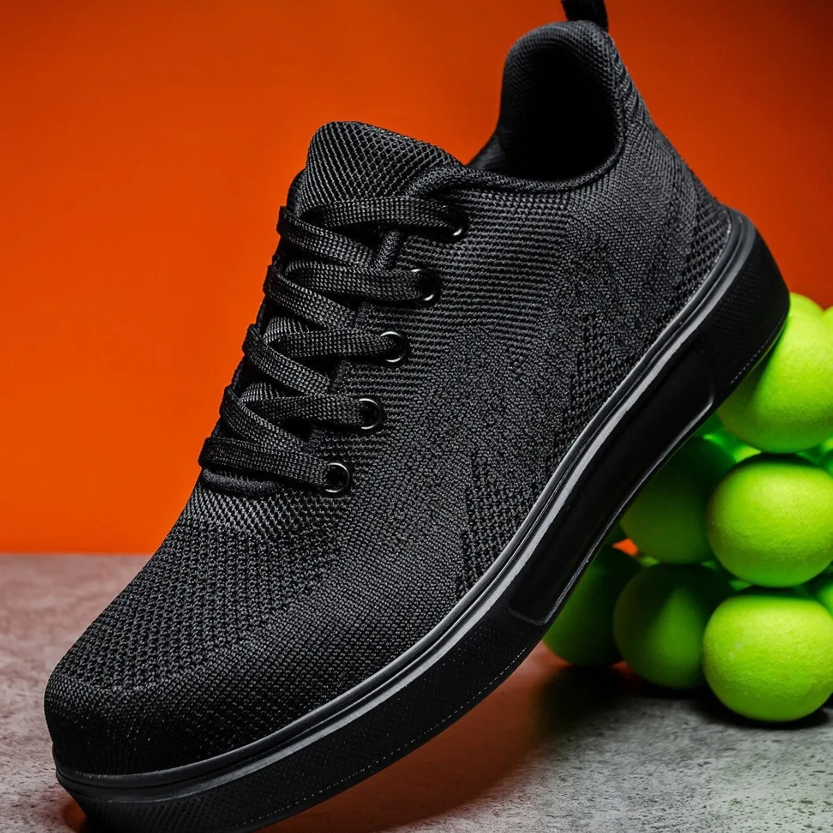 White casual sports shoes with thick EVA sole and mesh upper, flat heel, round toe, front lace-up closure