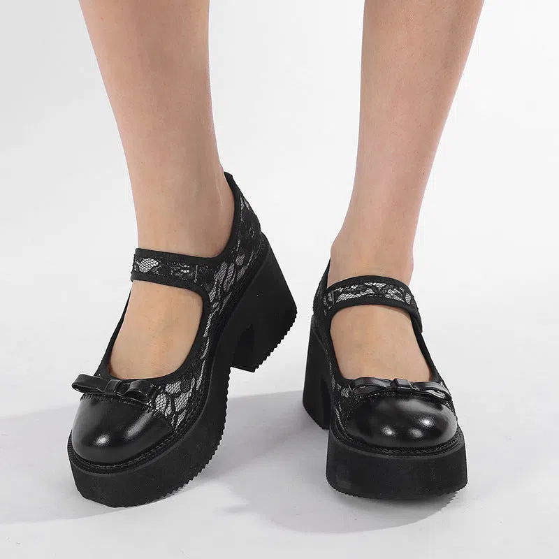 Black waterproof platform Mary Jane shoes with chunky heel, mesh upper, lace floral pattern, Velcro straps, round toe