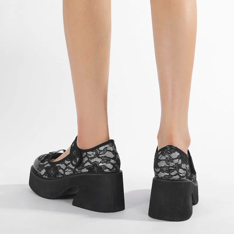 Black waterproof platform Mary Jane shoes with chunky heel, mesh upper, lace floral pattern, Velcro straps, round toe