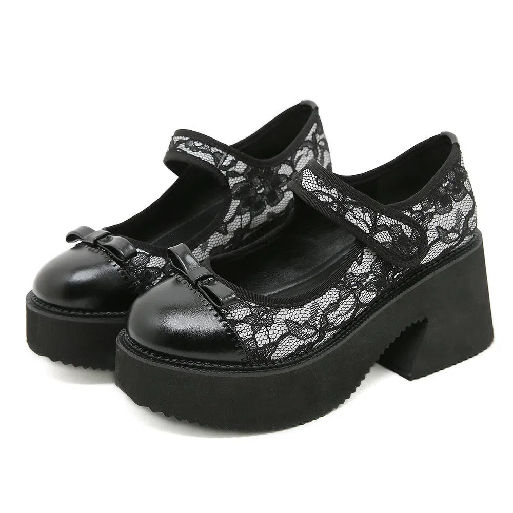 Black waterproof platform Mary Jane shoes with chunky heel, mesh upper, lace floral pattern, Velcro straps, round toe