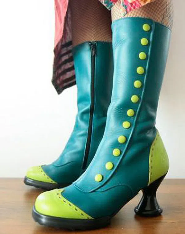 Women's thigh-high boots with button decoration, irregular heel, round toe, synthetic PU upper