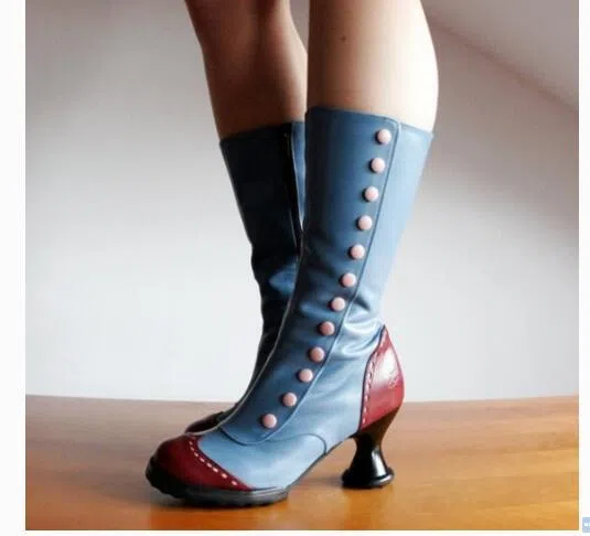 Women's thigh-high boots with button decoration, irregular heel, round toe, synthetic PU upper