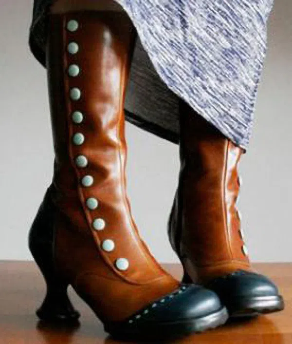 Women's thigh-high boots with button decoration, irregular heel, round toe, synthetic PU upper
