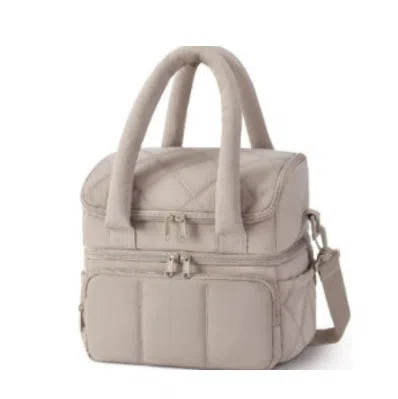 Double-layer insulated quilted pufferfish lunch bag in pink with curved shoulder straps and patchwork details