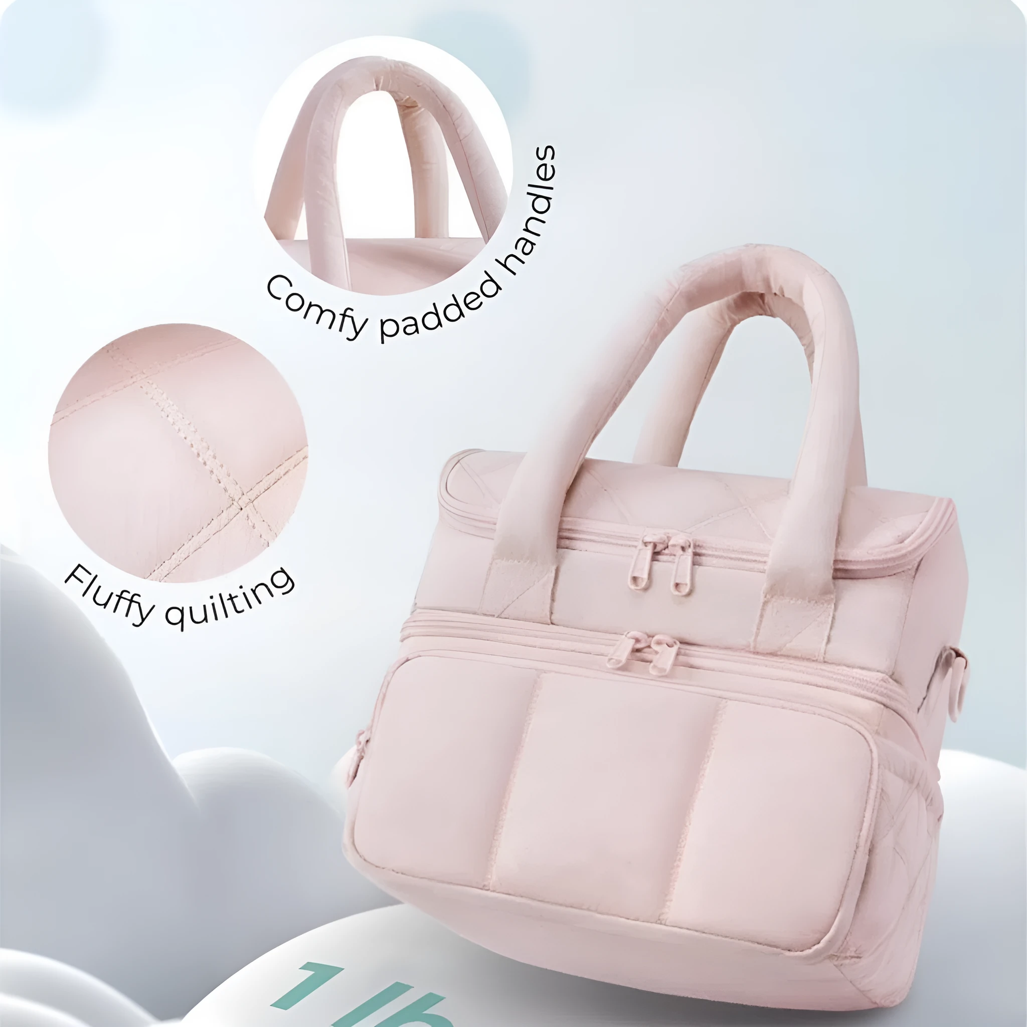 Double-layer insulated quilted pufferfish lunch bag in pink with curved shoulder straps and patchwork details