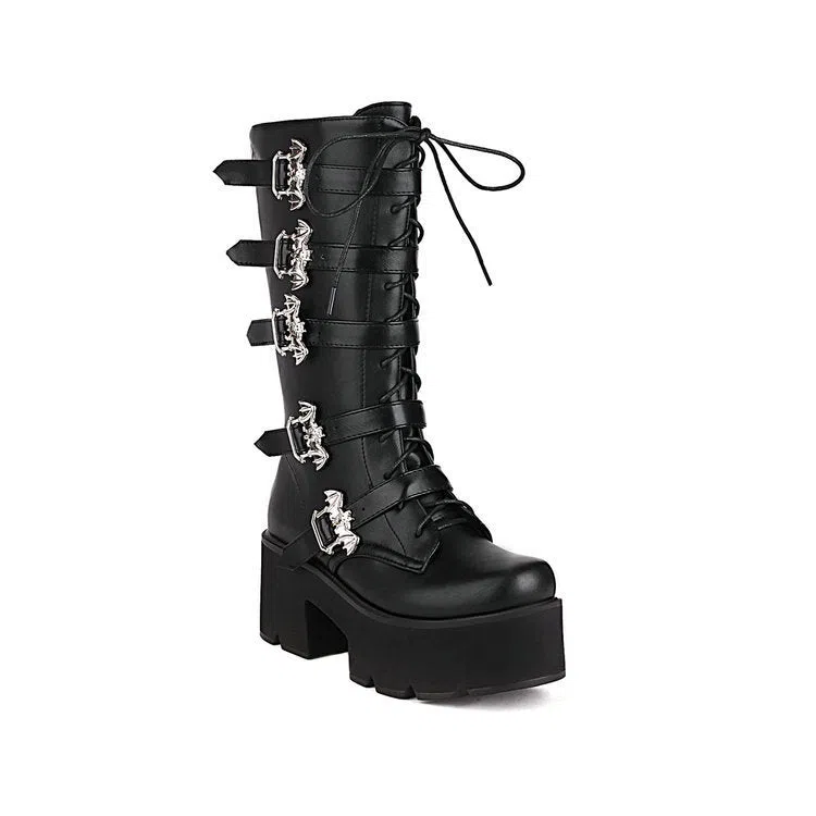 Women's black matte chunky-heel thigh-high boots with round toe and side zipper