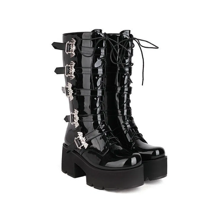 Women's black matte chunky-heel thigh-high boots with round toe and side zipper
