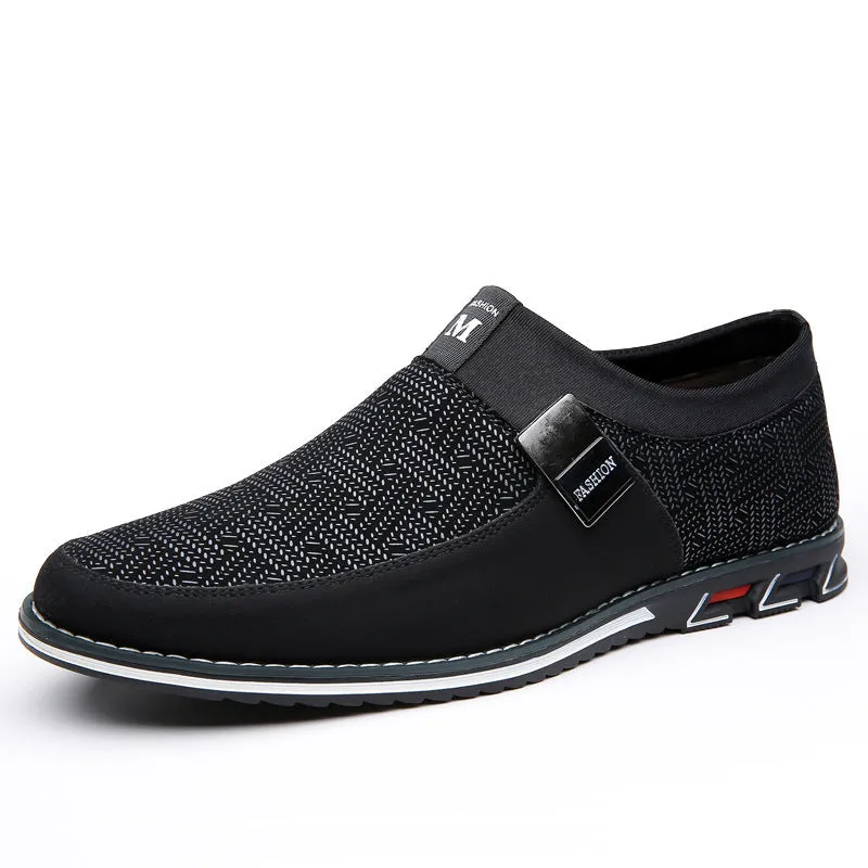 Men's synthetic leather casual shoes in black with a square toe and flat rubber sole.