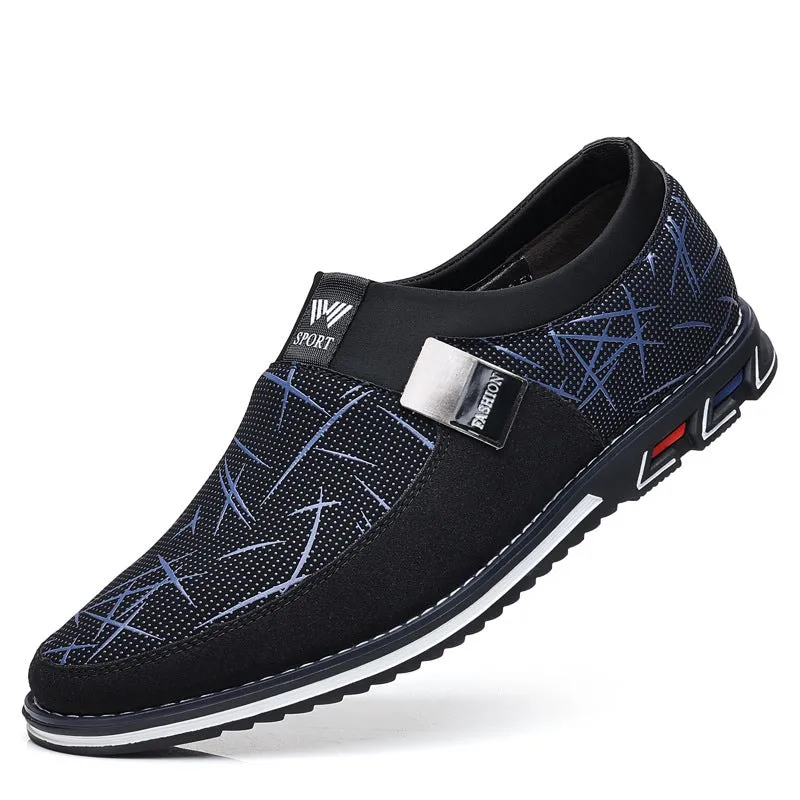 Men's synthetic leather casual shoes in black with a square toe and flat rubber sole.