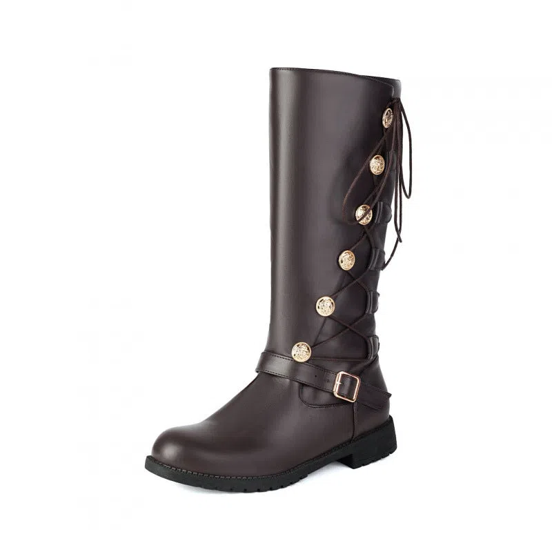 Women's high-top synthetic leather boots with chunky heel, side zipper, and round toe in black colour