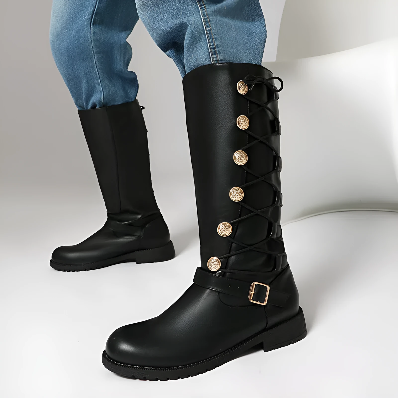 Women's high-top synthetic leather boots with chunky heel, side zipper, and round toe in black colour