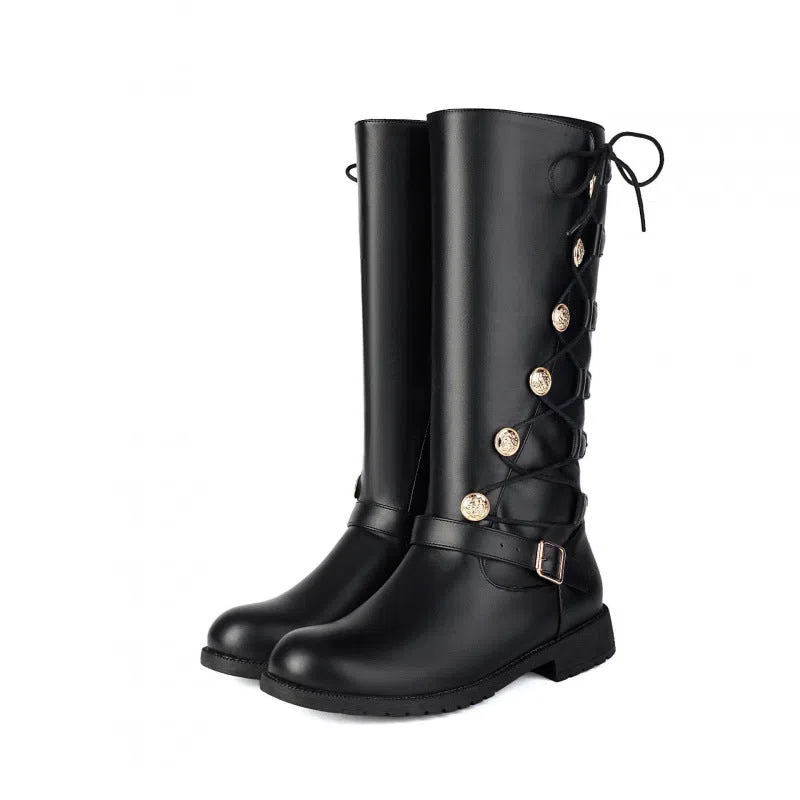 Women's high-top synthetic leather boots with chunky heel, side zipper, and round toe in black colour