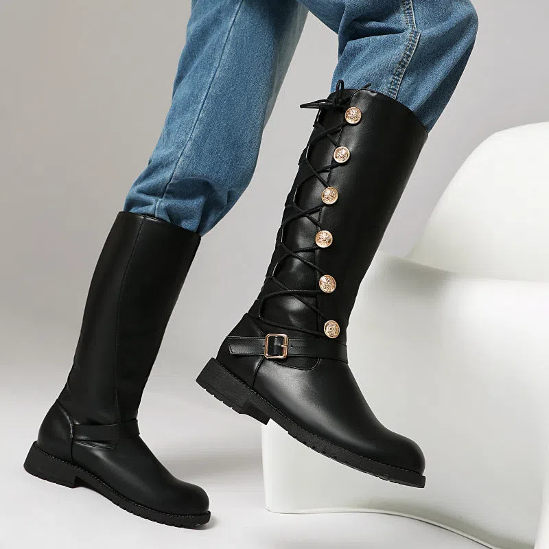 Women's high-top synthetic leather boots with chunky heel, side zipper, and round toe in black colour
